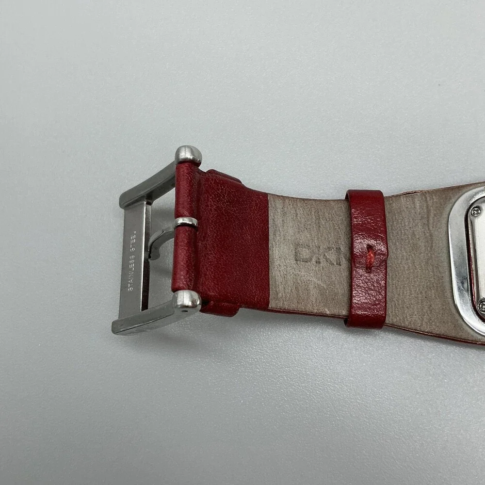 DKNY Womens Watch 33mm Silver Tone White Dial Red Leather Dress Cuff New Battery